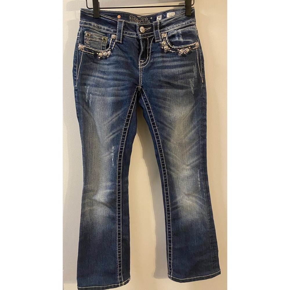 * Miss Me * Mid-Rise Boot Ankle Dark Denim Distressed Stud Jeans sz 25 EUC $115